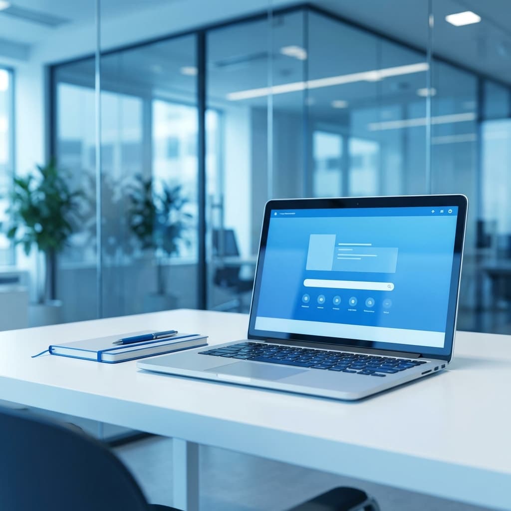 Laptop on a desk in a modern office, representing a software development agency workspace